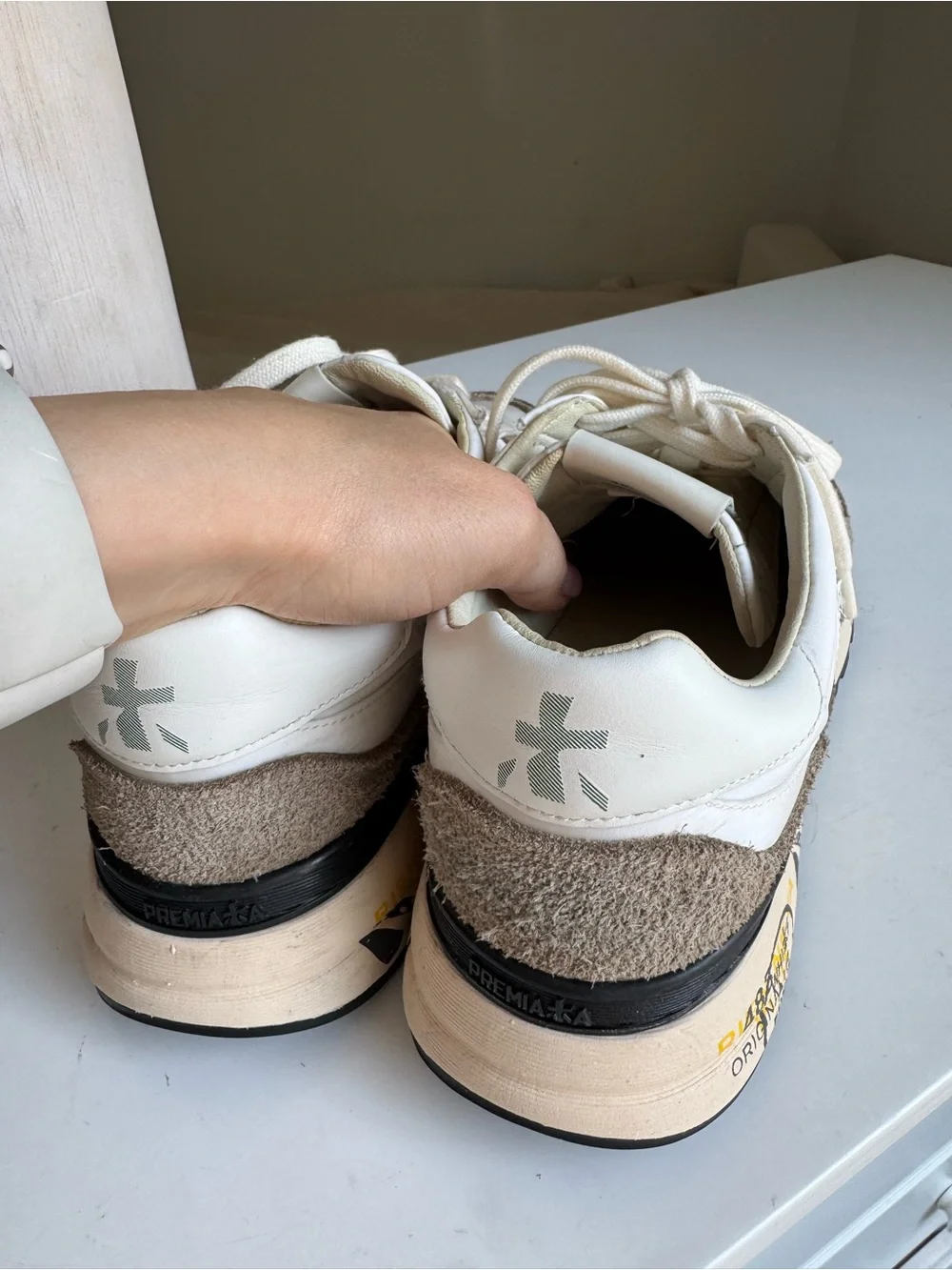 Premiata White & Taupe Suede Sneakers – Size 44